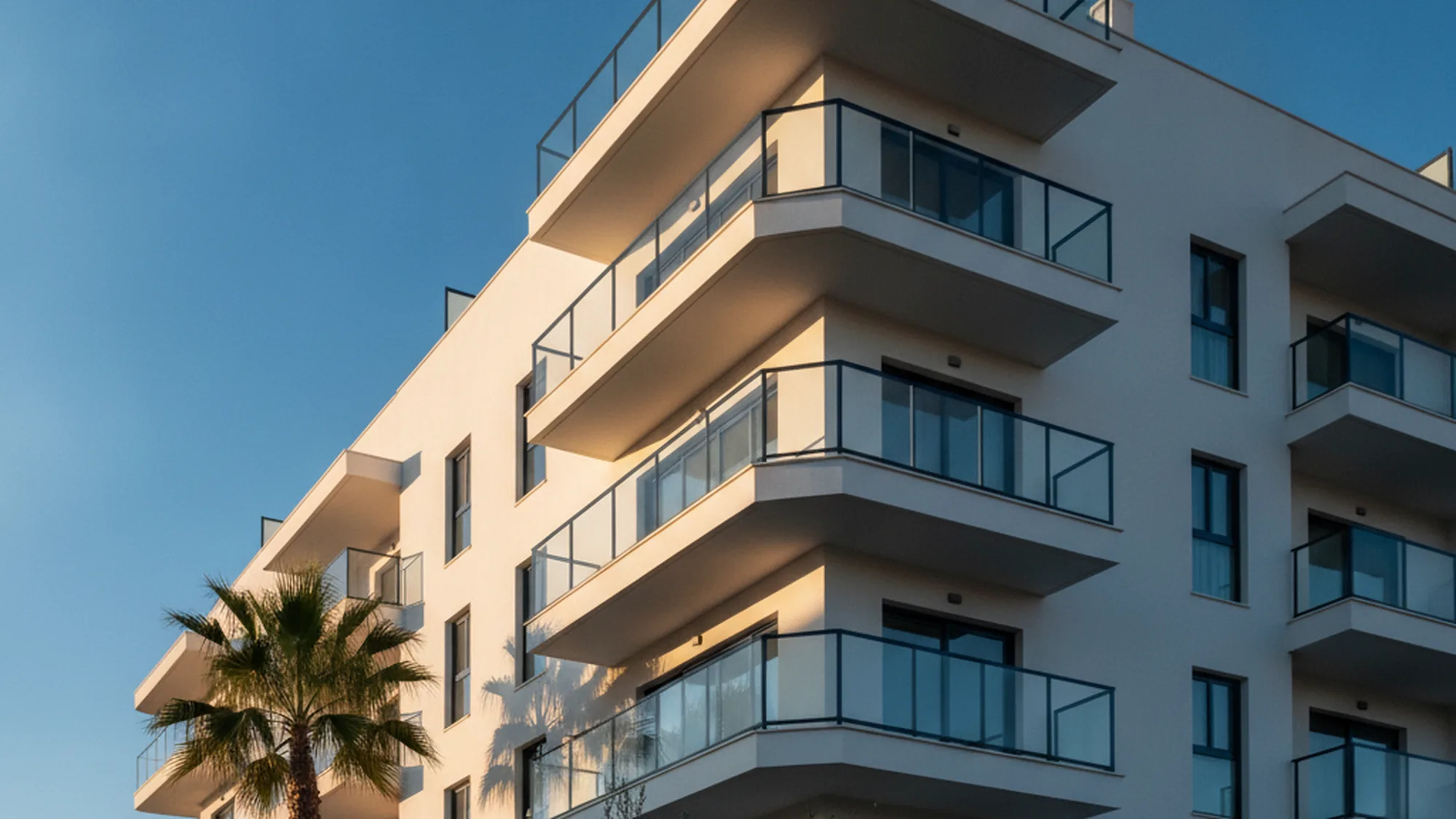 Fachada de um edifício residencial no Algarve ao fim da tarde