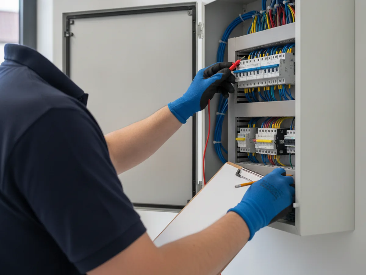 Técnico de luvas a verificar um quadro elétrico numa zona técnica do edifício.